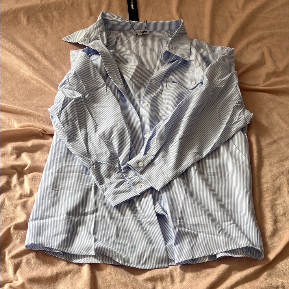 Fashion Nova Blue Striped Button Down Shirt